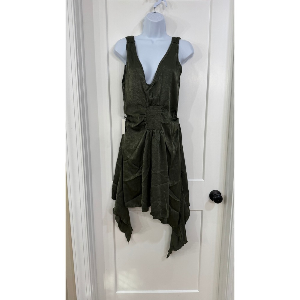 Joyfolie Hidi Dress Olive Green Deep V-Neck Handkerchief Hem Smocked Midi Size M